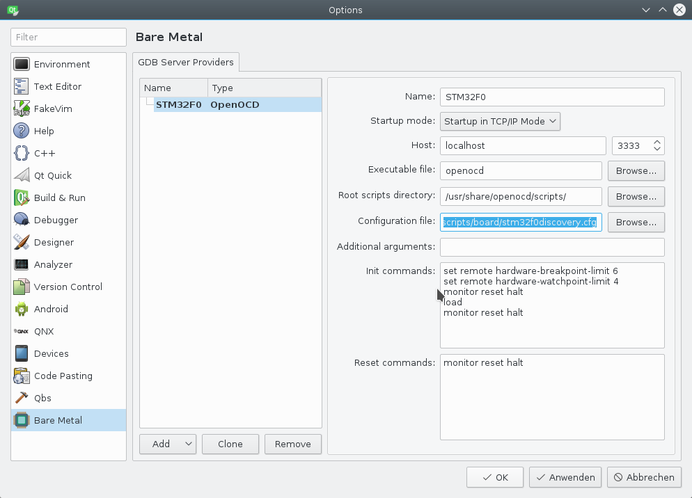 OpenOCD GDB server provider settings