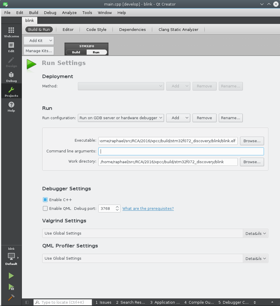Qt creator project run settings